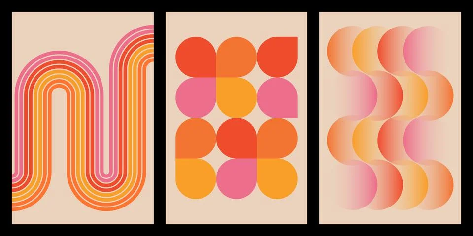 Set of three abstract posters with retro geometric shapes and warm gradient.. Stock Illustration
