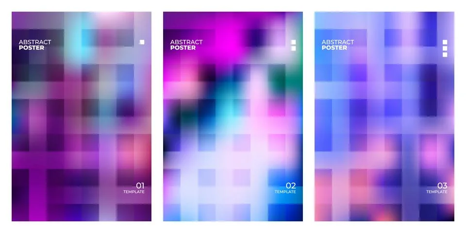 Set of three abstract posters with vibrant blurred geometric grid patterns Stock Illustration