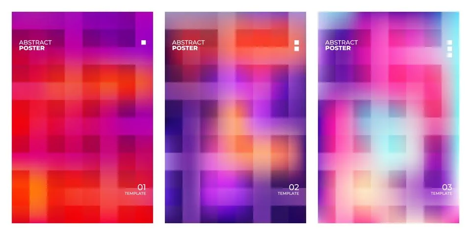 Set of three abstract posters with vibrant gradient geometric grid patterns Stock Illustration