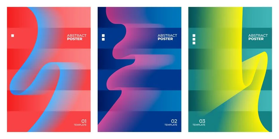Set of three abstract posters with vibrant fluid gradient shapes and horizo.. Stock Illustration