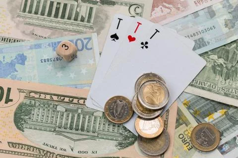 Set of three aces playing cards, euro coins Stock Photos