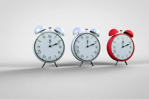 Set of three alarm clocks with one in colour red isolated in white background Stock Illustration