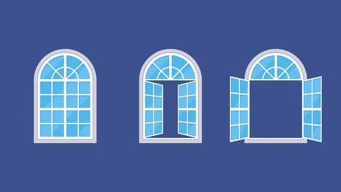 Set of Three Arched Windows Closed and Open Flat Icons on Blue Background Stock Illustration