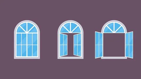 Set of Three Arched Windows Closed and Open Flat Icons on Purple Background Stock Illustration