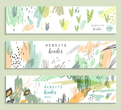 Set of three banners, abstract creative headers with doodles on a white backg Stock Illustration