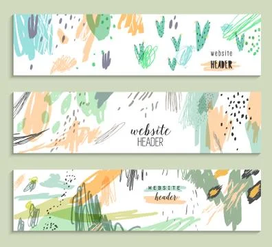 Set of three banners, abstract creative headers with doodles on a white backg Stock Illustration