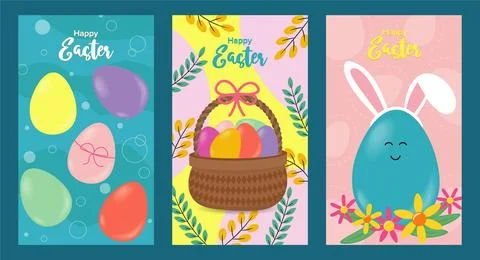 Set of three banners for easter day with elements of eggs, branches, rabbit and Illustrazione stock