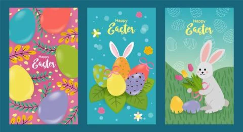 Set of three banners for easter day with elements of painted eggs, branches, and 스톡 일러스트