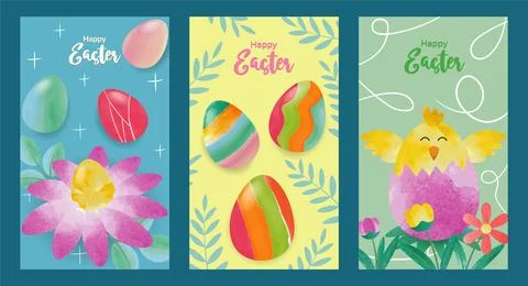 Set of three banners for easter day with watercolor elements of eggs, flowers Stockillustratie