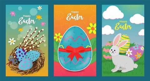 Set of three banners for easter day with elements of eggs, rabbit, nest, flowers Stockillustratie