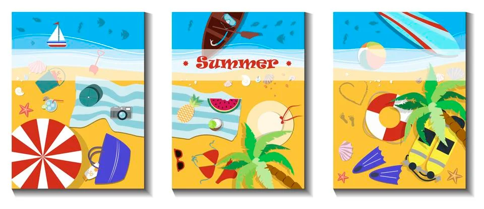 A set of three beach holiday illustrations. Flat vector, top view of the beach Stock Illustration