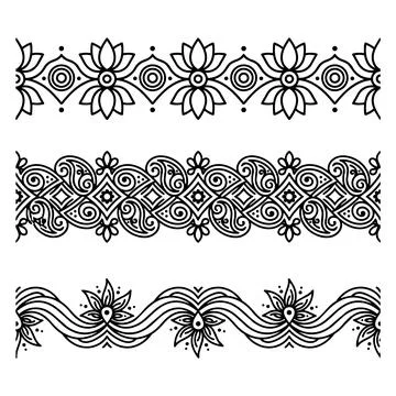 Set of three black and white seamless decorative borders for coloring book .. Stock Illustration