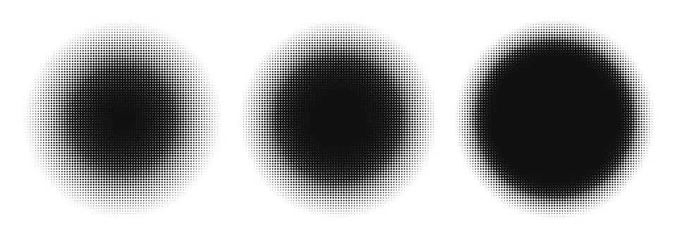 Set of Three Black Halftone Circles with Dot Gradient Texture on White 库存插图