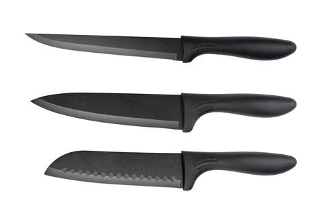 Set of three black kitchen knife on white background Stock Photos