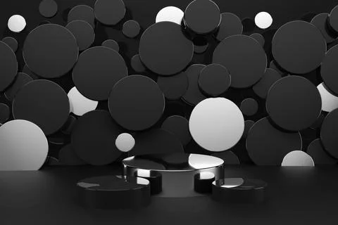 Set of three black plastic, silver podiums mockup on abstract stage for prese Stock Photos