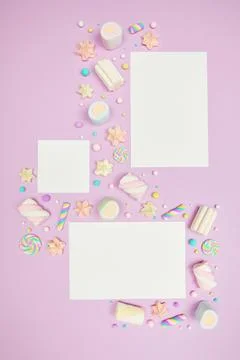 Set of three blank white cards on purple kawaii background with sweets Stock Photos