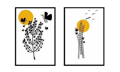 Set of three bontanical flower wall art. Tropical flower wall print. Stock Illustration