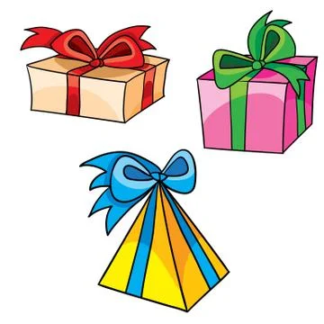Set of three boxes with bows, gifts, isolated object on white background, vec Stock Illustration