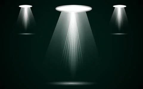 Set of three bright white spotlights with light beams on dark green bg Illustrazione stock