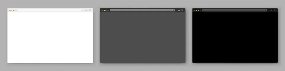 A set of three browser windows white, gray and black on a dark background. Stock Illustration
