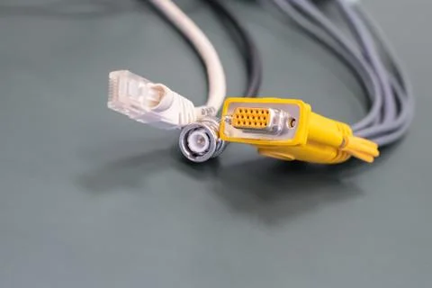 Set of three cables for the computer peripherals hdmi, rj45 and coaxial cable Stock Photos