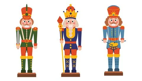 Set of three Christmas nutcracker toy soldiers in red, green and blue uniform Illustrazione stock