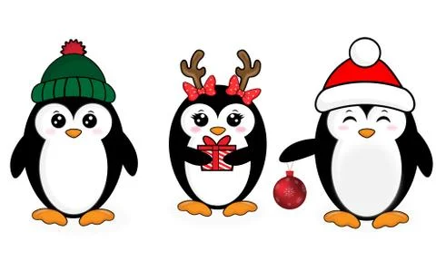 Set of three Christmas penguins with different accessory. Stock Illustration