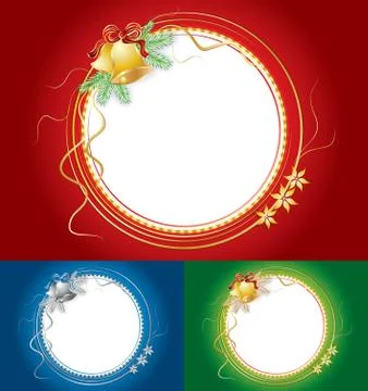Set of three christmas shiny frames with bells and pine branches, vector Stock Illustration