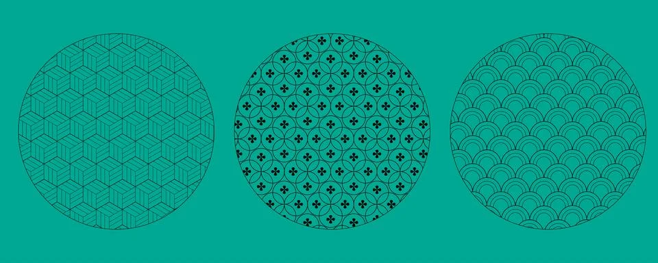 Set of three circular geometric patterns with intricate black line art. 스톡 일러스트