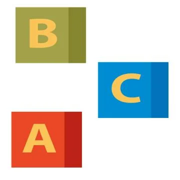 Set of three colored cubes with letters, flat, isolated object on a white bac Stock Illustration