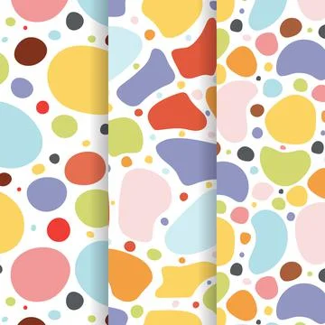 Set of three colourful seamless patterns with color splashes and dots. Vector Stock Illustration