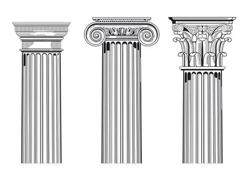 Set of three columns  styles, Doric, Ionic and Corinthian. Stock Illustration