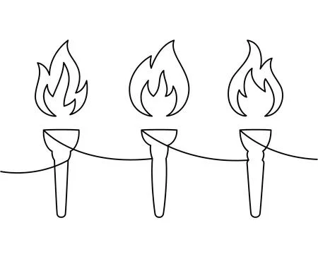 Set of three continuous line torch drawings. Minimalist one line vector flame 스톡 일러스트