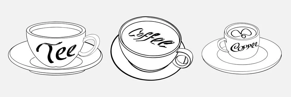A set of three cups on platters from different angles. Stock Illustration