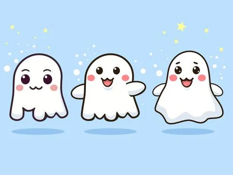 Set of Three Cute and Friendly Cartoon Ghosts Standing on a Light Blue Back.. Stock Illustration