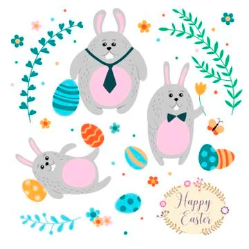Set of three cute Easter bunnies and painted eggs in a cartoon style. Stock Illustration