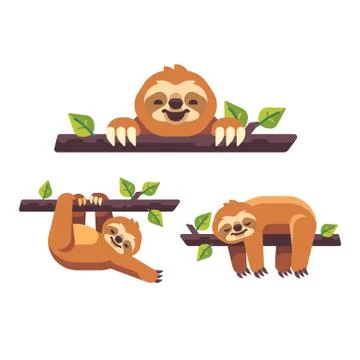 Set of three cute sloths on tree branches flat illustration. Illustrazione stock