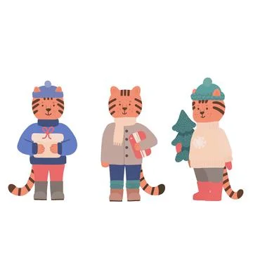 A set with three cute tiger cubs in winter clothes Stock Illustration