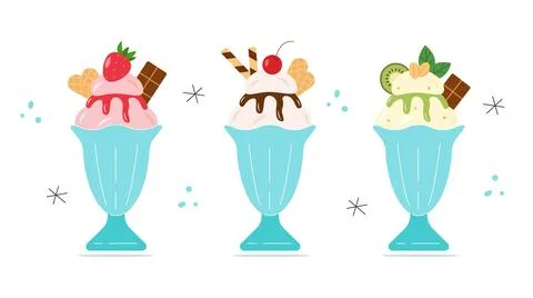 Set of three delicious ice cream sundaes in glass cups with fruit, berries Stock Illustration