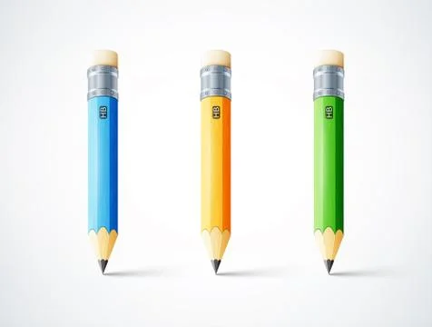 Set of three detailed wooden sharp pencils on white background Stock Illustration