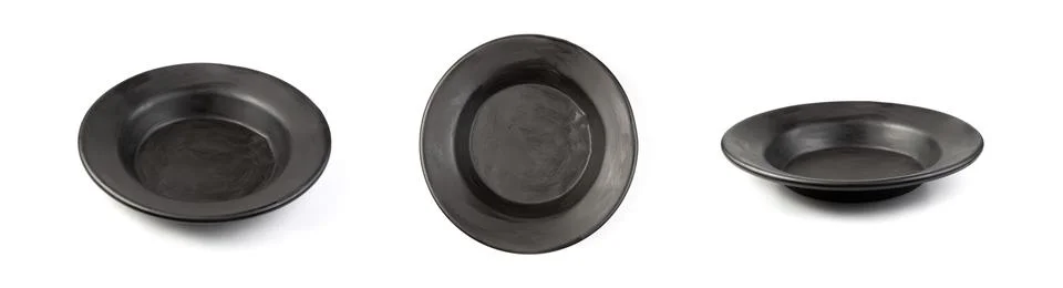 A set of three different angles of a black old plate. Foto stock