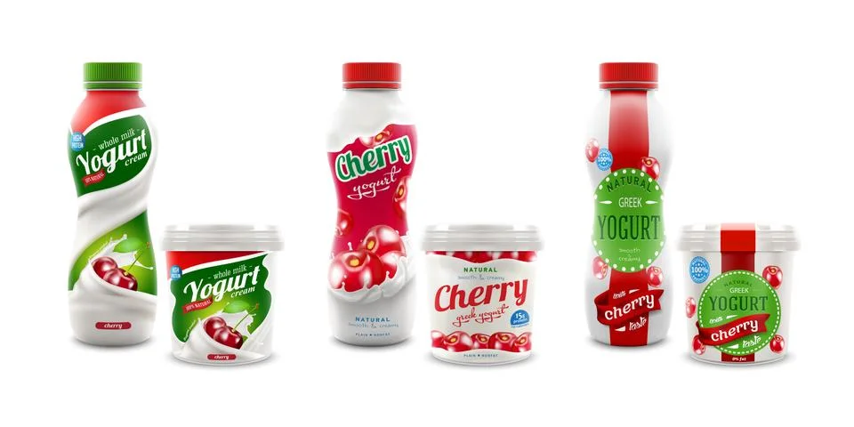 Set of three different cherry yougurt packaging designs Stock Illustration