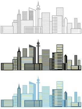 Set of three different city skyline banners in outline black and blue vector. Stock Illustration