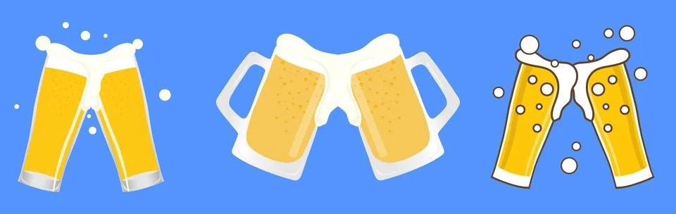Set of three different clinking beer glasses and mugs vector bar illustration Stock Illustration