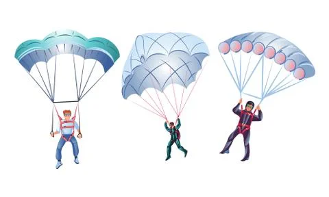 Set of three different colorful skydivers. Vector illustration in flat cartoon Stock Illustration