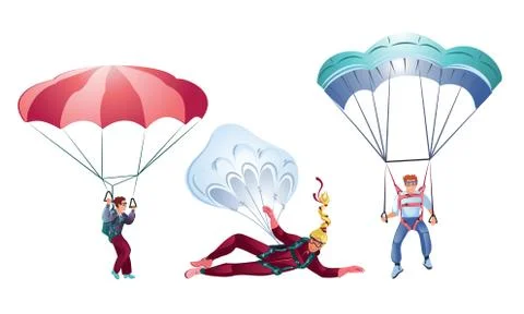 Set of three different colorful skydivers. Vector illustration in flat cartoon Stock Illustration
