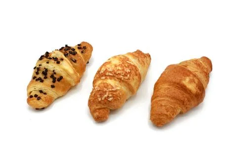 Set of three different  freshly baked croissant isolated on white background Stock Photos