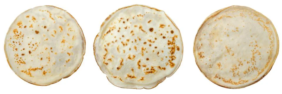 Set of three different fried thin pancakes isolated on white background Stock Photos