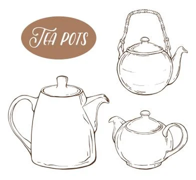 Set with three different teapots, isolated elements on white background Stock Illustration