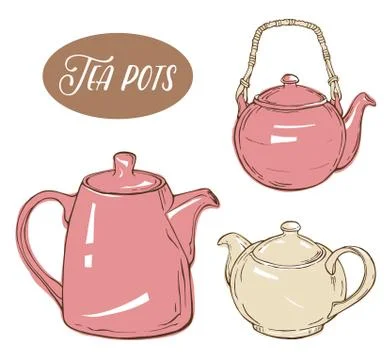 Set with three different teapots, isolated elements on white background Stock Illustration